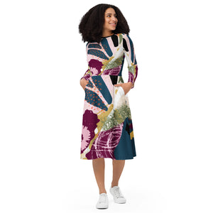 Modest Midi Dress, Long Sleeve Midi Dress, Abstract Flower Print, Modest Women's Dress, Modest Clothing