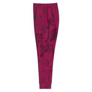 Burgundy Toile de Jouy Print Jogger Pant, Old Money Classic Design for Modest Style