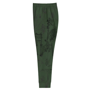 Deep Green Toile De Jouy All Over Print Print Knit Jogger Pants, Modest Old Money Style